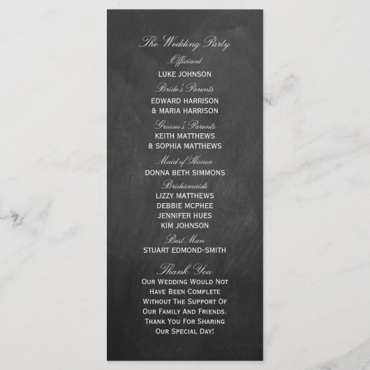 White Swirls on Chalkboard Wedding Programme Programmakaart (Achterkant)