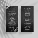White Swirls on Chalkboard Wedding Programme Programmakaart<br><div class="desc">Deze elegante witte zwijn op de trouwprogramma's van het krijtbord is perfect voor elk stel dat een romantisch en chic huwelijk plant. Deze programma-sjablonen kunnen voor uw speciale gelegenheid worden gepersonaliseerd en maken de perfecte service voor elke bruiloft,  vrijgezellenfeest,  verlofpartij,  verjaardagsfeestje en nog veel meer.</div>