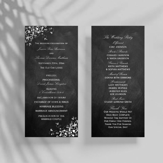 White Swirls on Chalkboard Wedding Programme Reclamekaart