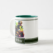 White T-Rex Riding Monster Truck Dinosaur Name Tweekleurige Koffiemok (Voorkant links)