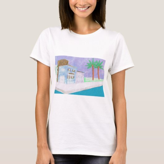 White T-Shirt met Caraïbische Scène (Voorkant)