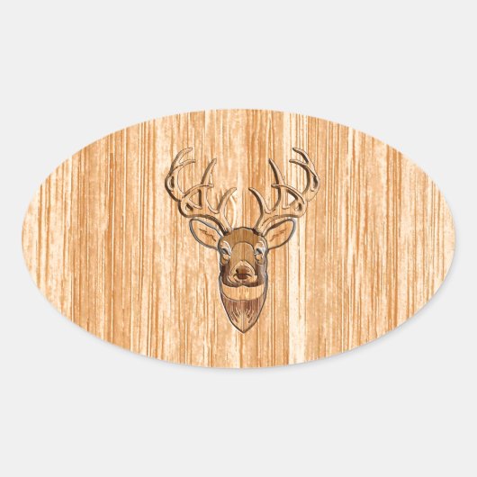 White Tail Buck Deer Head Wood Graanstijl Ovale Sticker (Voorkant)