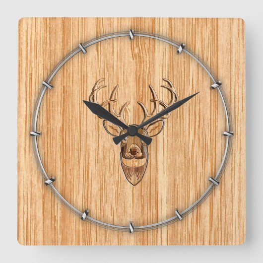White Tail Deer Head Wood Inlay Grain Stijl Vierkante Klok (Voorkant)