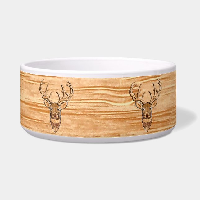 White Tail Deer Head Wood Inlay Grain Stijl Voerbakje (Voorkant)