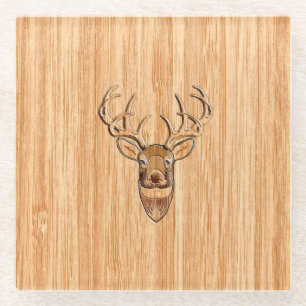 White Tail Deer Trophy Wood Grain Style Glazen Onderzetter