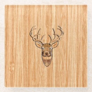White Tail Deer Trophy Wood Grain Style Glazen Onderzetter