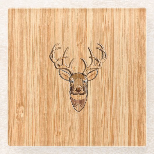 White Tail Deer Trophy Wood Grain Style Glazen Onderzetter (Voorkant)