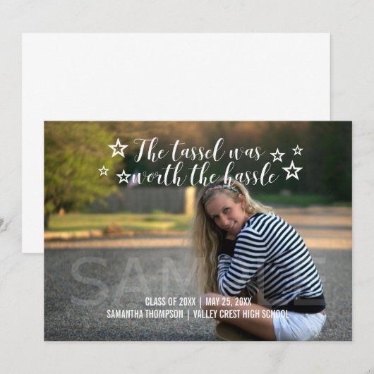 White Tassel Worth Hassle Foto Afstuderen Aankondiging (Voorkant / Achterkant)