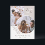 White Taupe Greenery Overlapping Photos Save The Date<br><div class="desc">Dubbelzijdig sparen de datumkaart in wit en taupe met uw initialen,  overlappende foto's,  en groen met schone elegante doopvonten. Foto: sla de datumkaart op met een modern design,  gepersonaliseerd met uw monogram en foto's,  twee aan de ene kant en één aan de andere.</div>
