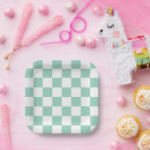 White & Teal Checkerboard Paper Plates Papieren Bordje (Feest)