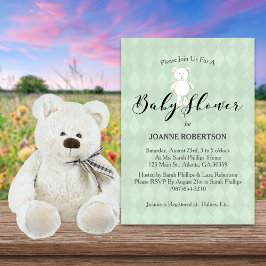 White Teddy Bear Diamond Sage Green Baby shower Kaart