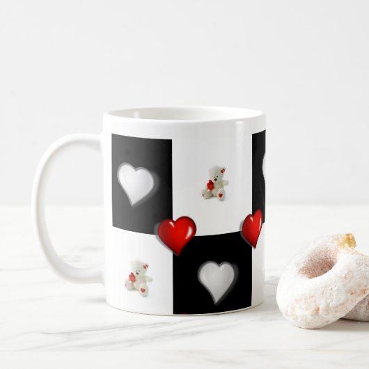 White Teddy Bear Red Hearts Mok (Met donut)