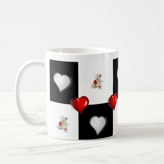 White Teddy Bear Red Hearts Mok (Links)