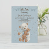White Teddy Bear Wild Uitnodiging voor één verjaar (Staand voorkant)