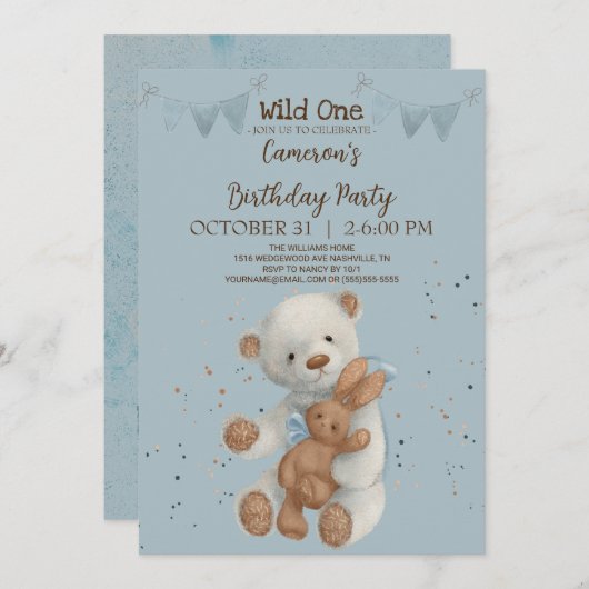 White Teddy Bear Wild Uitnodiging voor één verjaar (Voorkant / Achterkant)