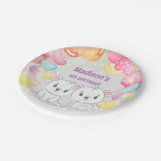 white teddy beer verjaardagspapier bord (Gekanteld)