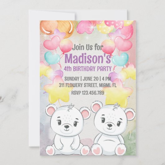 white teddy beer verjaardagsuitnodiging kaart (Voorkant)