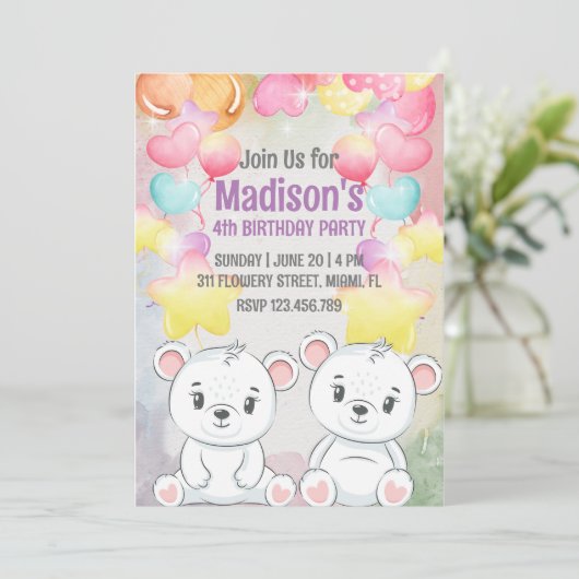 white teddy beer verjaardagsuitnodiging kaart (Staand voorkant)