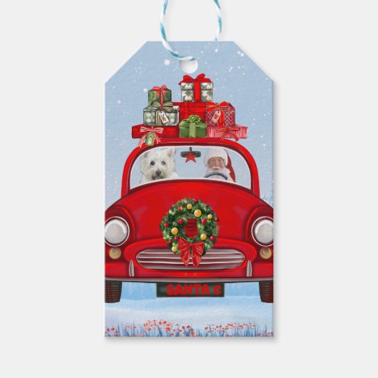 White Terrier Dog West Highland met Santa Claus Cadeaulabel (Voorkant)