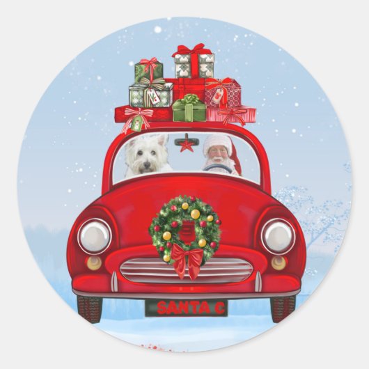 White Terrier Dog West Highland met Santa Claus Ronde Sticker (Voorkant)