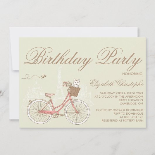 White Terrier on Pink Bicycle Birthday Invitation Kaart (Voorkant)
