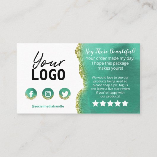 White Text Gold Blauwgroen Agate Bedankt voor aank Visitekaartje (Achterkant)