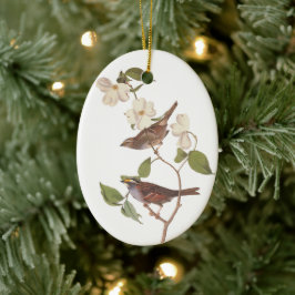 White Throing Sparrow Oval Kerstannament Keramisch Ornament