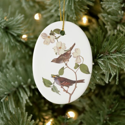 White Throing Sparrow Oval Kerstannament Keramisch Ornament (Boom)