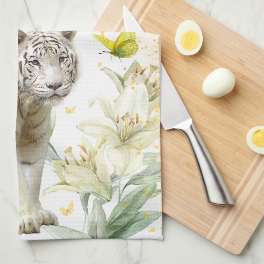 White Tiger and Lilies Stardust Theedoek (Quarter Fold)