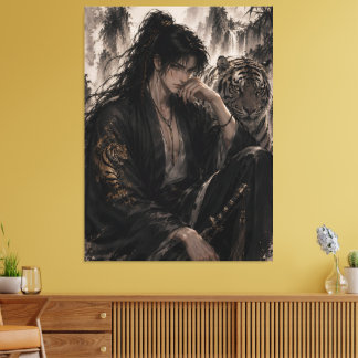 White Tiger and Swordsman | Oriental Ink Fantasy A Canvas Afdruk