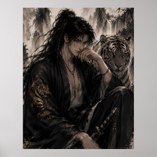 White Tiger and Swordsman | Oriental Ink Fantasy A Poster (Voorkant)