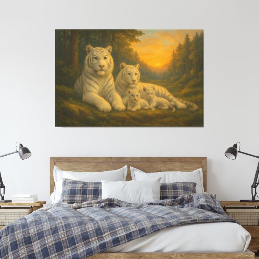 White Tiger • Dusk Forest Family | ManJiangHong Fi Canvas Afdruk (Insitu (Slaapkamer))