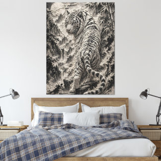 White Tiger Engraved Ink Style - Oriental Guardian Canvas Afdruk