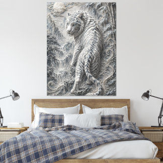White Tiger Engraved Ink Style - Oriental Guardian Canvas Afdruk