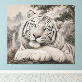 White Tiger Eye Roll | Humorous Oriental Ink Art | Canvas Afdruk (Insitu (Houten vloer))