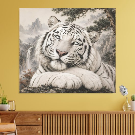 White Tiger Eye Roll | Humorous Oriental Ink Art | Canvas Afdruk (Insitu (Woonkamer))