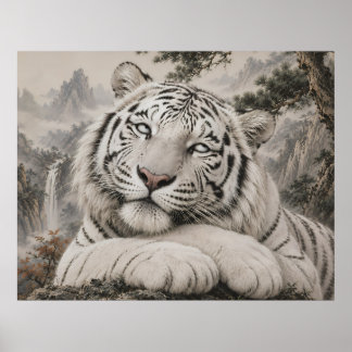 White Tiger Eye Roll | Humorous Oriental Ink Art | Poster