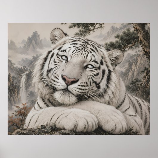 White Tiger Eye Roll | Humorous Oriental Ink Art | Poster (Voorkant)