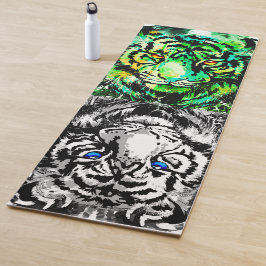 White Tiger Face - Green Tiger Blue Eyes Yoga Mat
