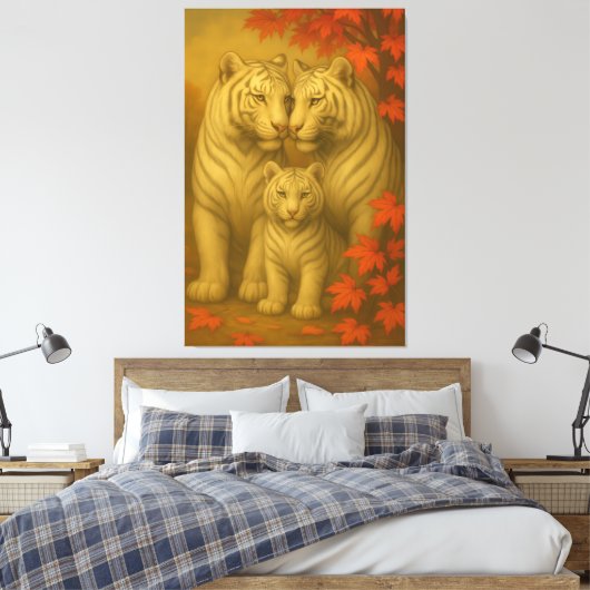 White Tiger Family – Autumn Maple Fine Art Wall Ar Canvas Afdruk (Insitu (Slaapkamer))