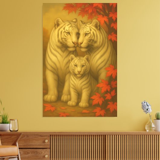White Tiger Family – Autumn Maple Fine Art Wall Ar Canvas Afdruk (Insitu (Woonkamer))