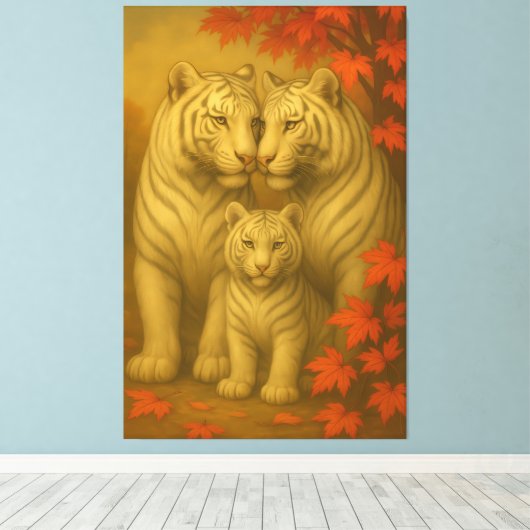 White Tiger Family – Autumn Maple Fine Art Wall Ar Canvas Afdruk (Insitu (Houten vloer))
