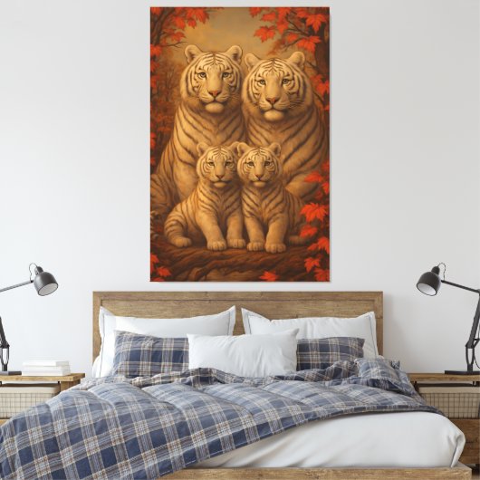 White Tiger Family of Four – Autumn Maple Fine Art Canvas Afdruk (Insitu (Slaapkamer))