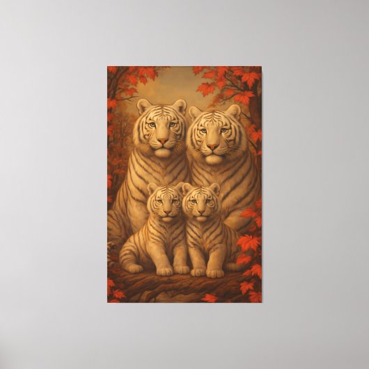 White Tiger Family of Four – Autumn Maple Fine Art Canvas Afdruk (Voorkant)