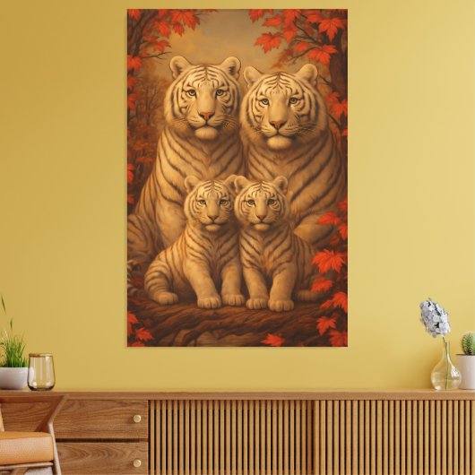White Tiger Family of Four – Autumn Maple Fine Art Canvas Afdruk (Insitu (Woonkamer))