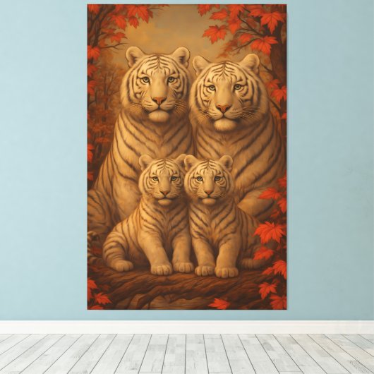 White Tiger Family of Four – Autumn Maple Fine Art Canvas Afdruk (Insitu (Houten vloer))