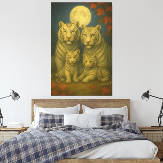 White Tiger Family of Four – Moonlit Autumn Fine A Canvas Afdruk (Insitu (Slaapkamer))