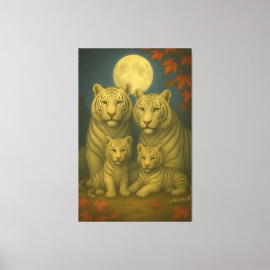 White Tiger Family of Four – Moonlit Autumn Fine A Canvas Afdruk (Voorkant)