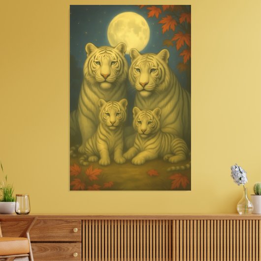 White Tiger Family of Four – Moonlit Autumn Fine A Canvas Afdruk (Insitu (Woonkamer))