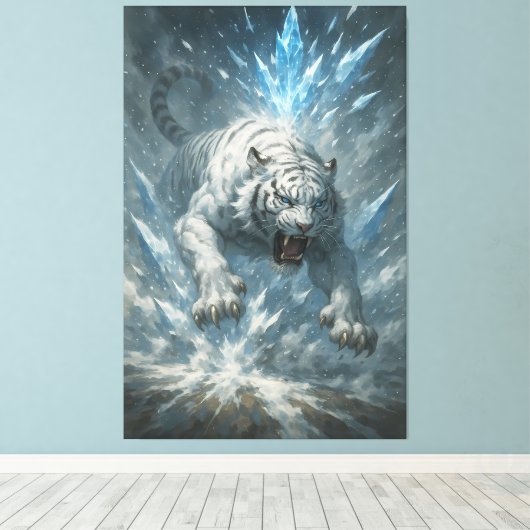 White Tiger – Frost King Ice Burst Descent – ManJi Canvas Afdruk (Insitu (Houten vloer))